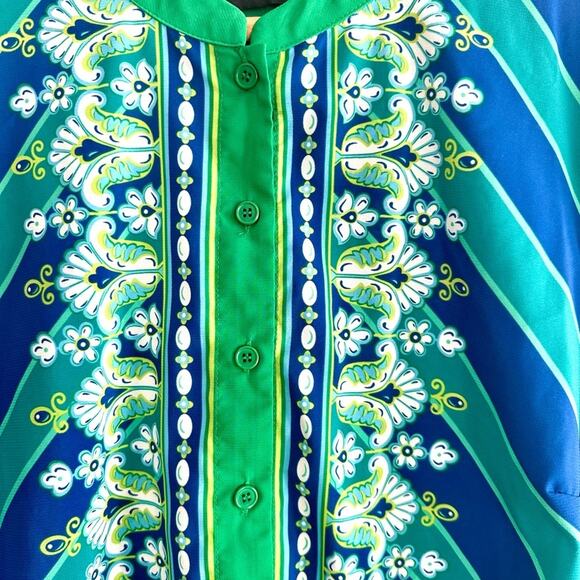 Bob Mackie Wearable Art Green Blue Boho Stripes Paisley Button Down 1X - Picture 6 of 9